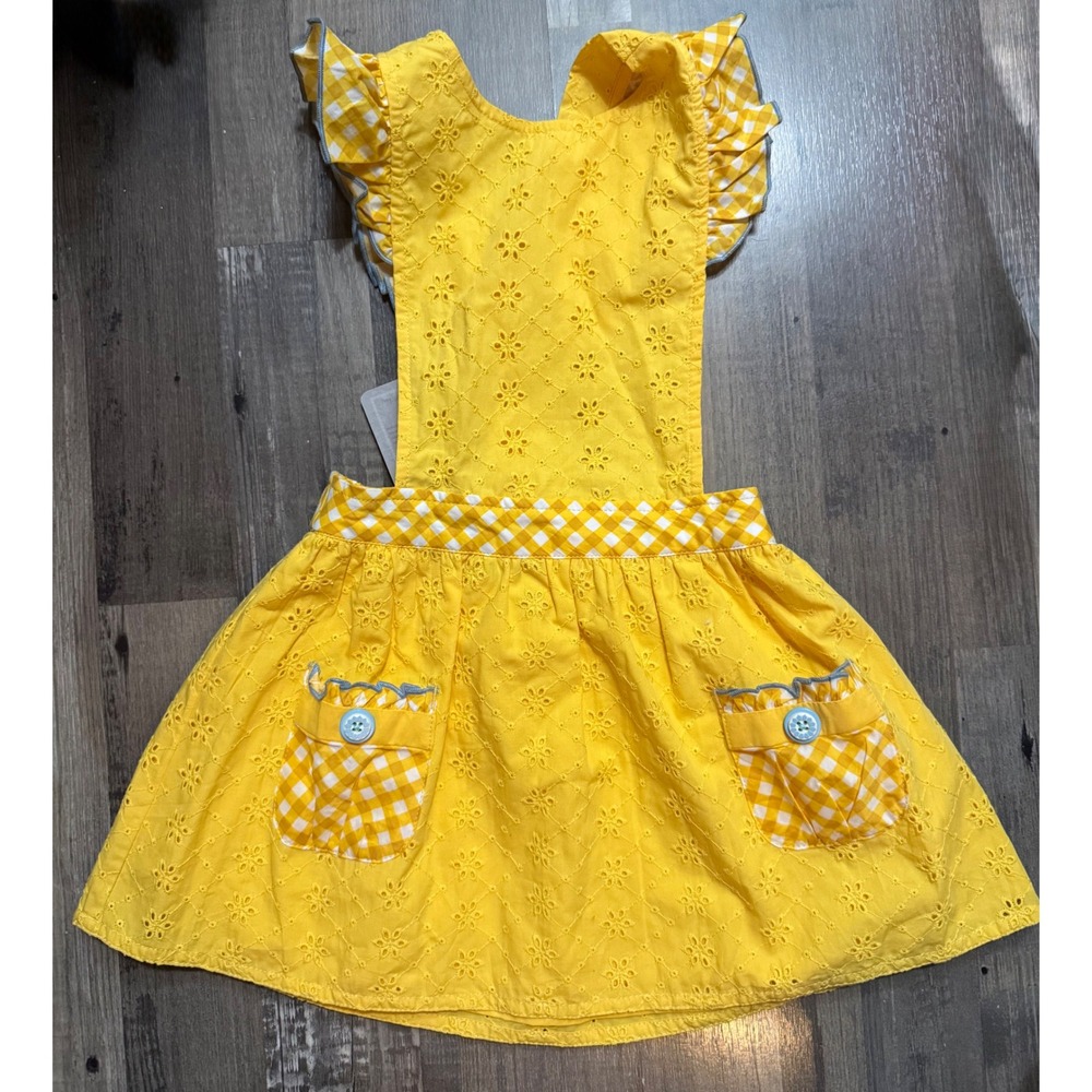 NWT Matilda Jane Splendid Sunshine Pinafore Yellow Eyelet Gingham Dress Kids 4